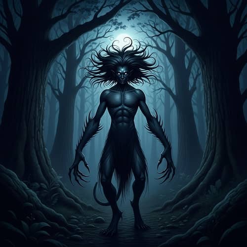 Mystical Creature in Eerie Night Woods - Enigmatic Scene