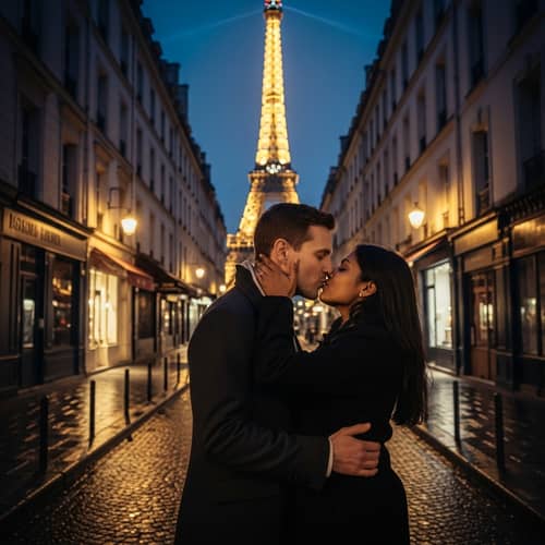 Romantic Kiss in Parisian Street - Eiffel Tower Background