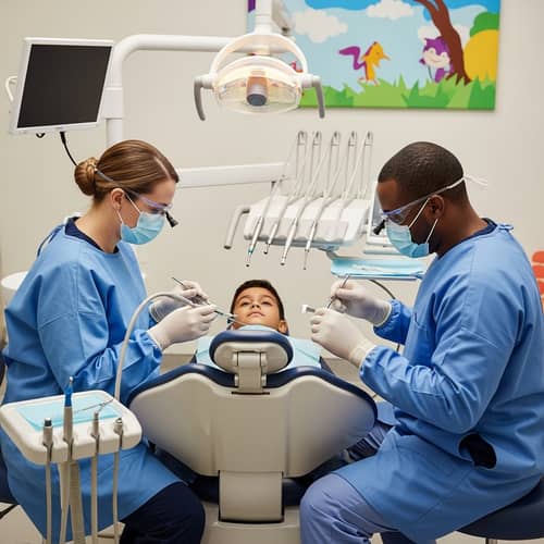 Pediatric Dentistry Scene with Diverse Dental Professionals and a Calm Young Patient