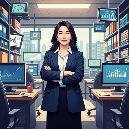 Confident East Asian Professional in Modern Office Space | Vibrant Colors & Technology-Inspired Scene