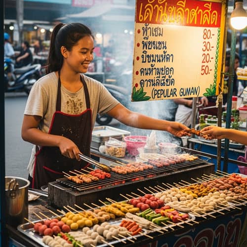 Southeast Asian Woman Street-Side Skewer Stall