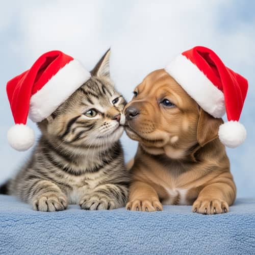 Tender Kitten and Puppy in Christmas Hats | Cute Holiday Pets