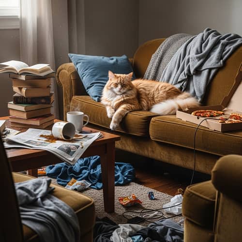 Relaxed Cat Lying on Sofa Amidst Chaos