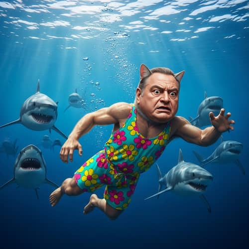 Boss Cat in Floral Swimsuit Vs. Menacing Sharks Under the Sea