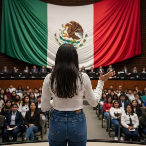 Mexican Teenage Woman Addressing Audience on Mexican Politics