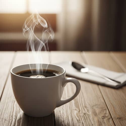Steaming Mug of Instant Coffee on Rustic Table