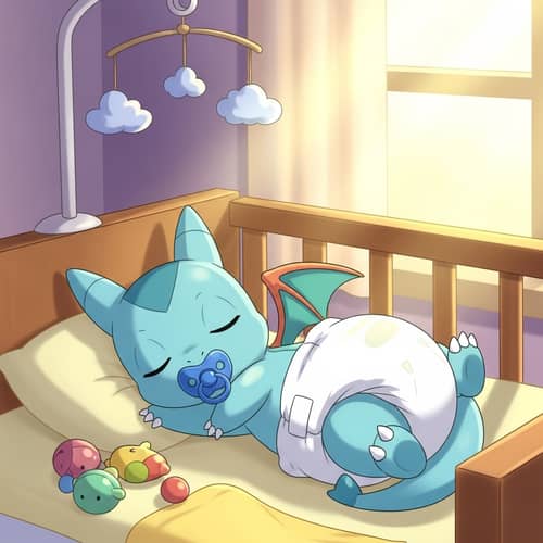 Cute Baby Dragon Cartoon - Infant Creature in Crib
