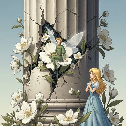 Enchanting Illustration of Blooming White Flowers with Elf Prince and Thumbelina