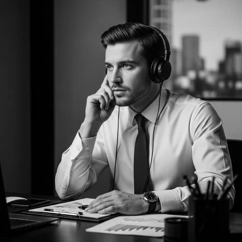 Vintage Noir Office Scene | Attentive Caucasian Salesman at Desk