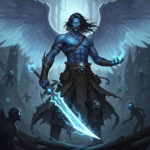 Spectral Winged Blue Figure with Ethereal Blade in Haunting Atmosphere
