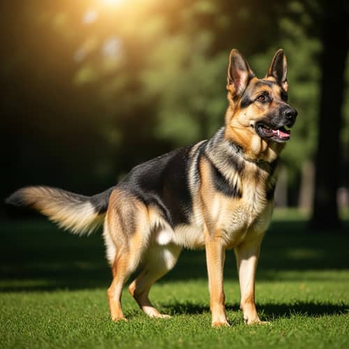Relaxed German Shepherd in Lush Green Park | Playful Shadows