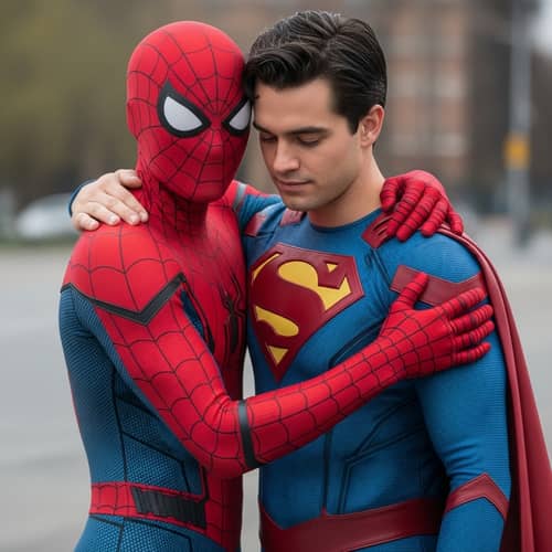 Epic Encounter: Spider-Themed and Cape-Wearing Heroes Embracing
