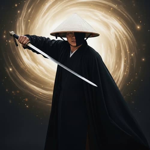 Vietnamese Man in Black Cloak with Traditional Straw Hat and Sword