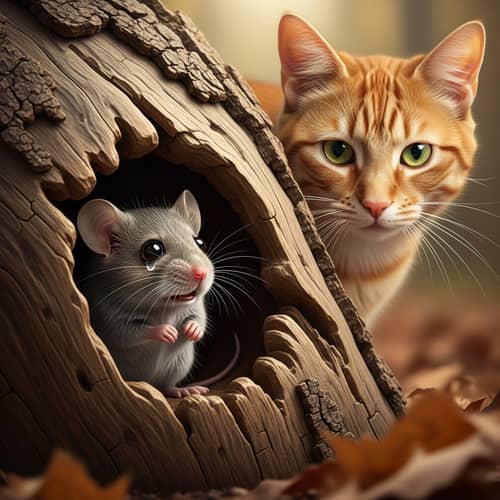 Grey Mouse in Wooden Burrow Watching Ginger Cat