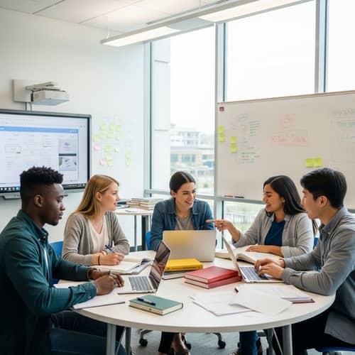 Diverse Group of Students in Modern Classroom Collaboration