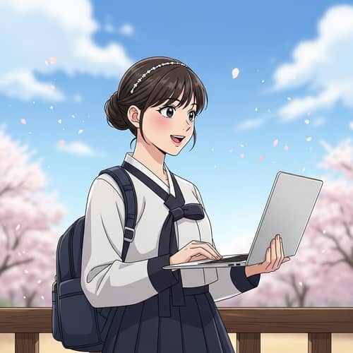 Endearing East Asian Schoolgirl in Traditional Korean Uniform with Laptop