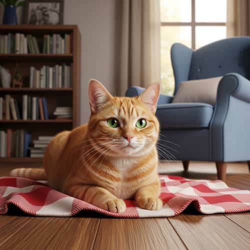 Cozy Living Room Scene with Orange Cat and Bookshelf