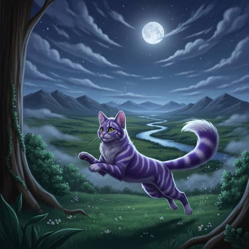 Majestic Purple Cat Running Through Mystical Night Forest