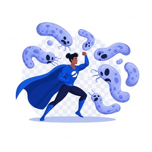 Androgynous Superhero Battles Formless Bacteria on Transparent Background