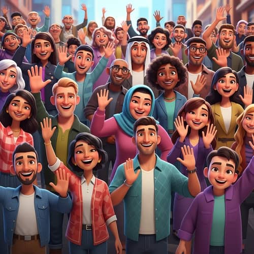 Diverse Animated Crowd Waving Greetings | Unique Personalities