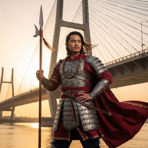 Legendary Warrior in Traditional Armor at Godavari Bridge, India
