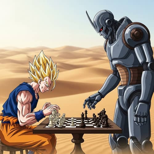 Golden-Haired Warrior vs. Robot in Epic Chess Battle