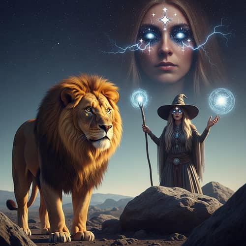 Majestic Lion and Enigmatic Witch in Extraterrestrial Sci-Fi Scene