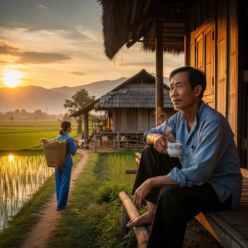 Vietnam Woman Walking Home at Sunset