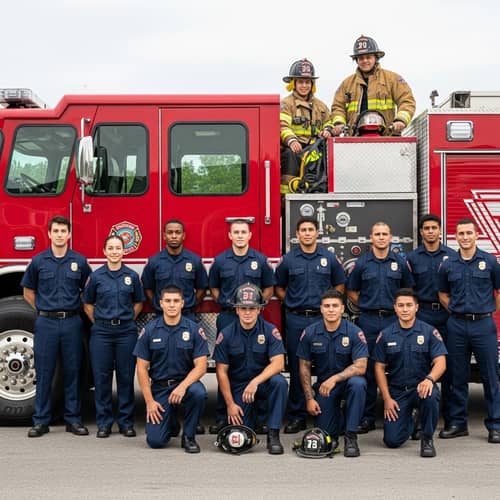 Diverse Firefighter Crew with Fire Truck | Team Photo
