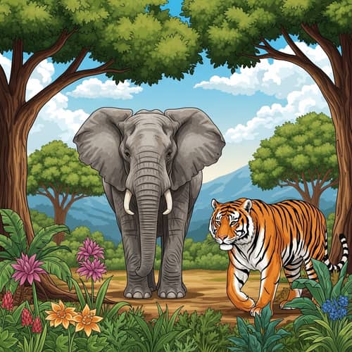 Wildlife Harmony: Elephant and Tiger Coexisting in Nature