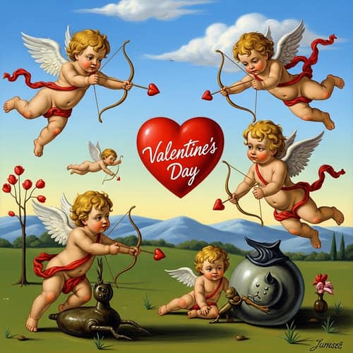 Surreal Cupids: Whimsical Art Scene for Valentine's Day