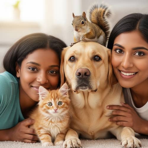 Adorable Group Huddle with Red-Haired Kitten, Labrador Dog, Woman, and Squirrel
