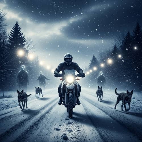 Mystical Motorcyclist: Night Chase in Falling Snow