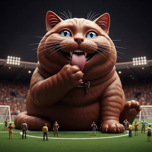 Chocolate Cat on Soccer Field - Hyperrealism Photorealism Image