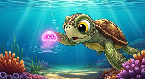 Cute Sea Turtle Playing with Pink Jellyfish - Cartoonish Style