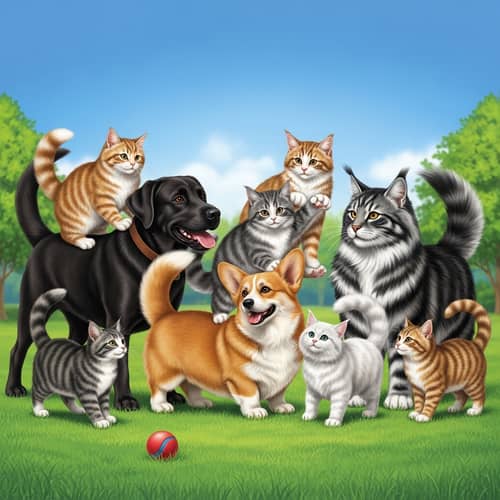 Cats and Dogs Coexisting in Harmony | Park Scene with Labrador, Corgi, Persian, Maine Coon