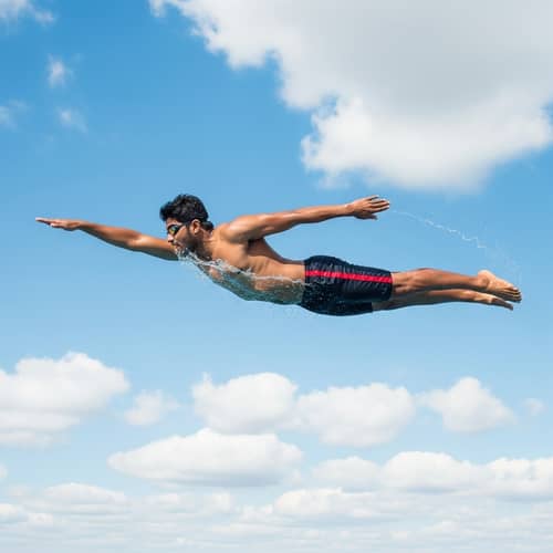 Magical Realism Art: Determined South Asian Man Swimming in Air