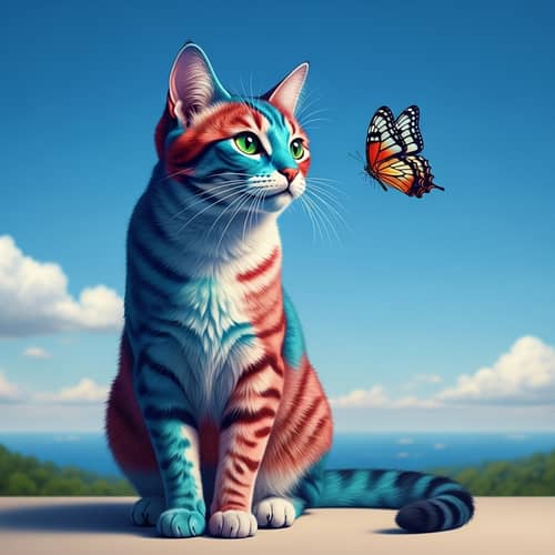 Creative Cat Watching Butterfly in Vibrant Colors