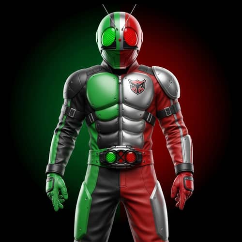 Symmetric Biker Style Character in Green, Black, Red, and Silver