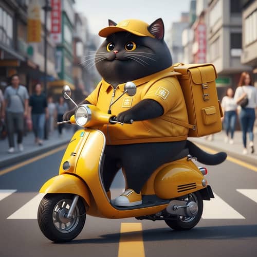Realistic Cute Black Cat on Yellow Moped | Chubby Cartoon Cat in Real Life
