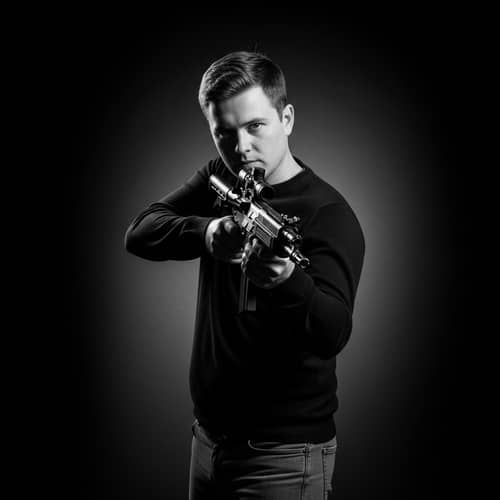 Confident Caucasian Male with Firearm | Classic Film Noir Vibe