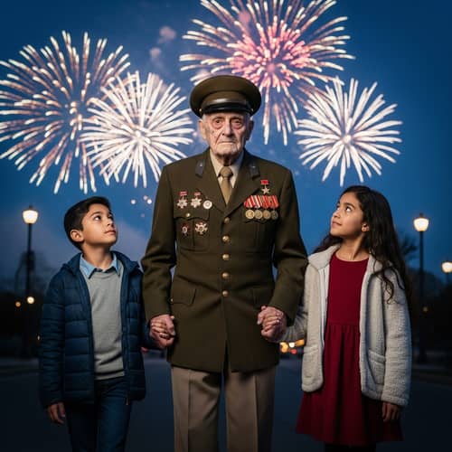 Elderly Veteran Walking with Grandchildren | Peace and Freedom Celebration