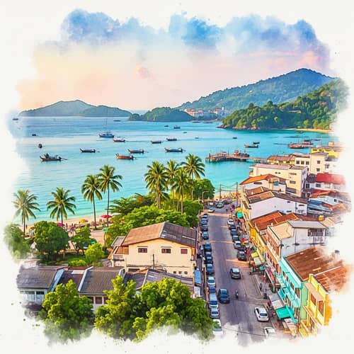 Phuket Watercolor Painting: Tranquil Sea, Long-tail Boats & Colorful Streets