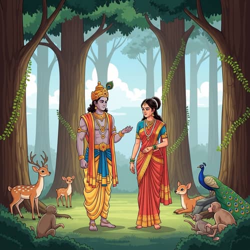Epic Mythology Scene: South Asian Man and Woman in Royal Attire under Ancient Trees