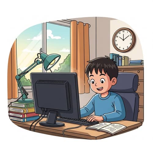 Young East Asian Boy Computer Cartoon | Daily Routine Scene