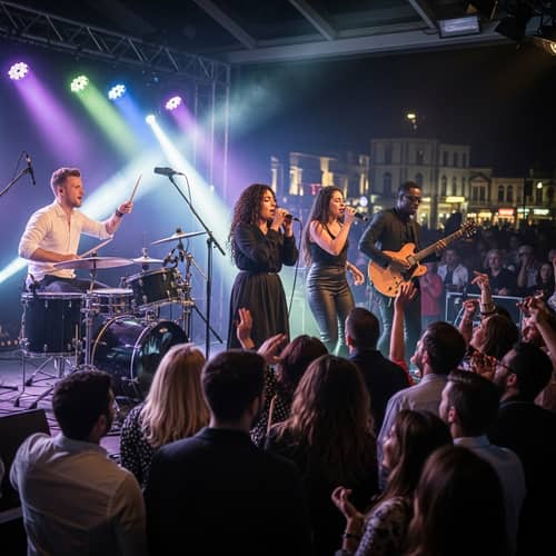 Exciting Concert Scene with Drummer, Vocalist, and Guitarist | Musical Euphoria