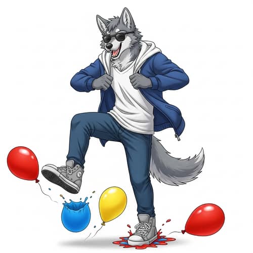 Cute Gray Wolf Stomping Balloons in Stylish Outfit | Anime Style