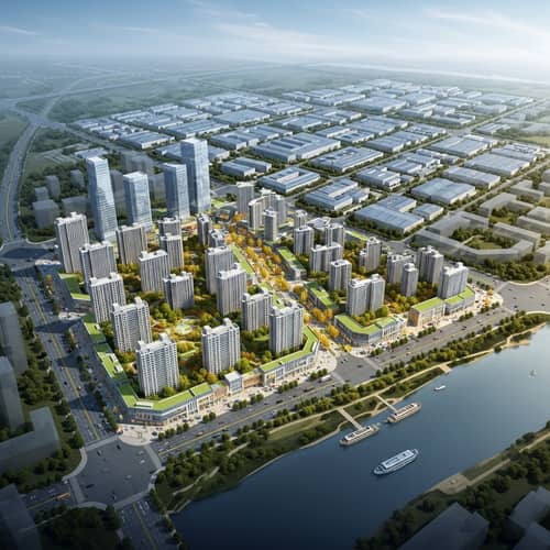 Modern Industrial City Design | Multi-story Residential Areas, Commercial Buildings, Schools, Parks