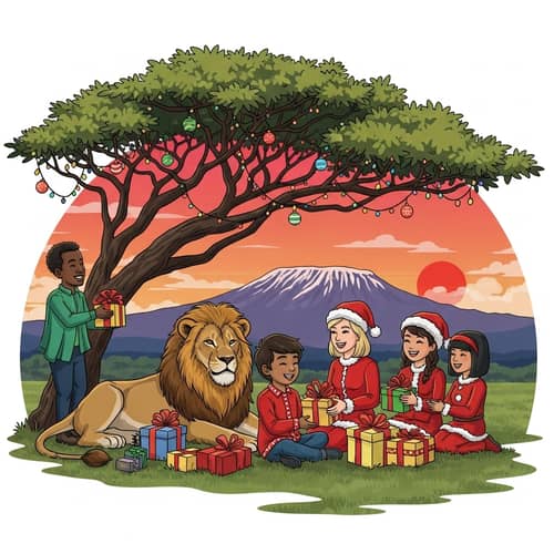 Vibrant Holiday Scene in Africa with Lions and Diverse Group