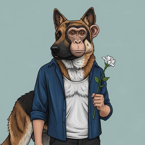 Surreal Human-Monkey-Dog Hybrid Illustration